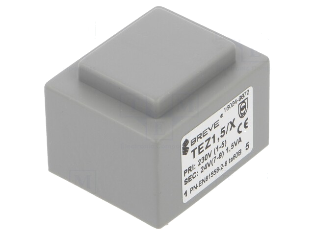 Transformator: ingegoten; 1,5VA; 230VAC; 24V; 63mA; PCB; IP00; TEZ Transformator: ingegoten; 1,5VA; 230VAC; 24V; 63mA; PCB; IP00; TEZ